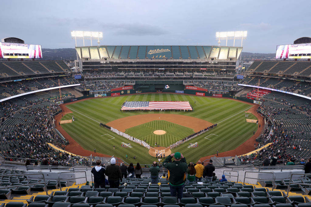 A general view during the national anthem before the Oakland Athletics game against the Cleveland G...