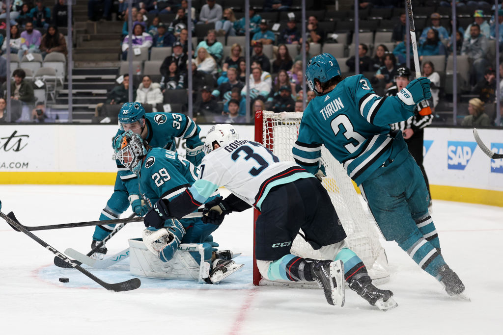 Mackenzie Blackwood #29 of the San Jose Sharks makes a save on a shot taken by Yanni Gourde #37 of ...