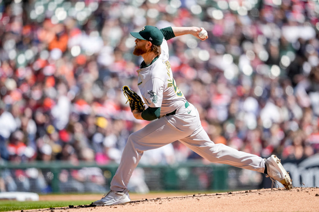 Paul Blackburn #58 of the Oakland Athletics delivers a pitch against the Detroit Tigers during the ...