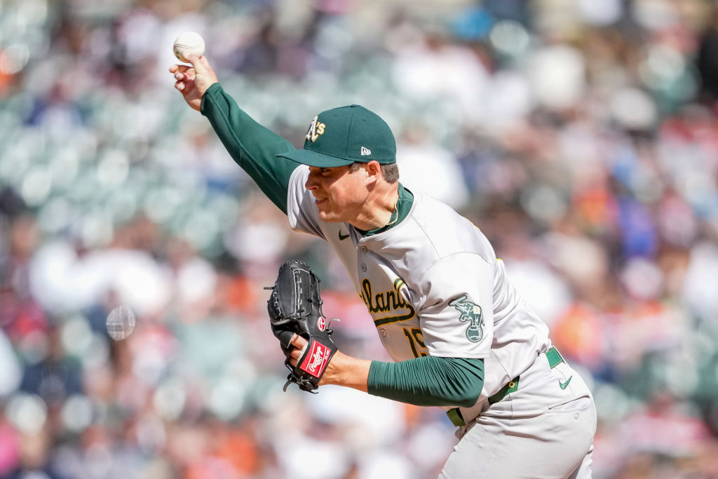DETROIT, MICHIGAN - APRIL 06: Mason Miller #19 of the Oakland Athletics delivers a pitch against th...