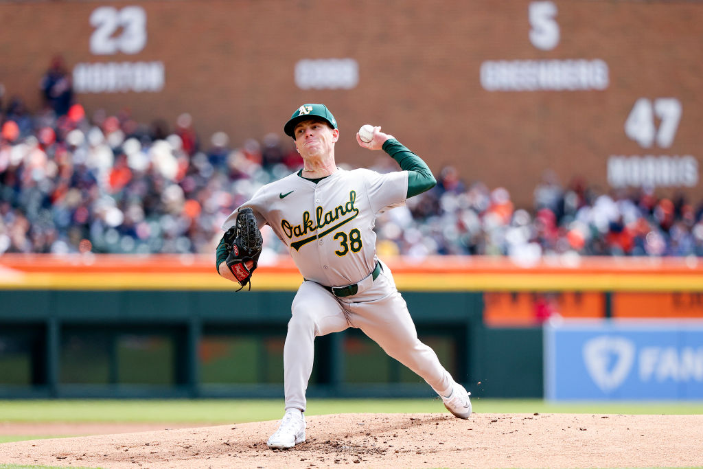DETROIT, MICHIGAN - APRIL 05: JP Sears #38 of the Oakland Athletics throws a pitch during the secon...