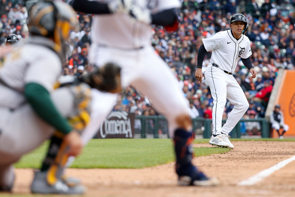 Gio Urshela #13 of the Detroit Tigers leads off from third base during the sixth inning of a game a...