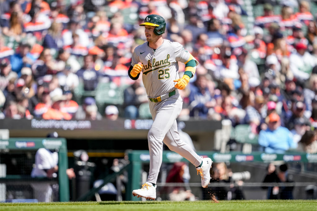 Brent Rooker #25 of the Oakland Athletics runs in action against the Detroit Tigers at Comerica Par...