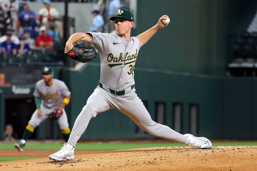 JP Sears #38 of the Oakland Athletics pitches in the first inning against the Texas Rangers at Glob...