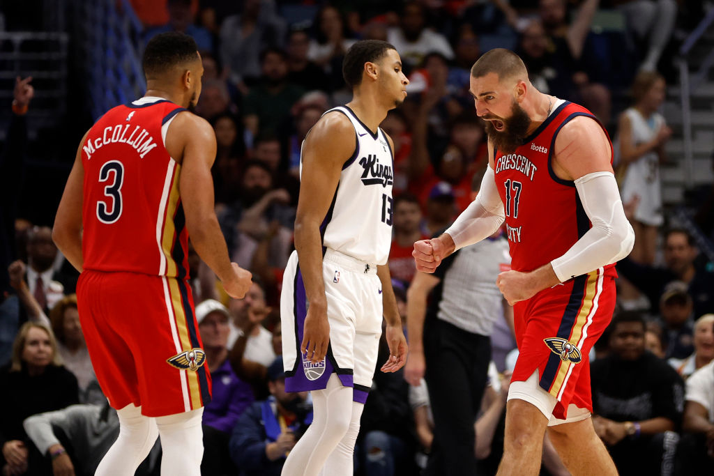 Jonas Valanciunas #17 of the New Orleans Pelicans reacts after a shot against the Sacramento Kings ...
