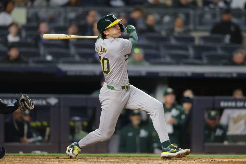 Zack Gelof #20 of the Oakland Athletics in action against the New York Yankees at Yankee Stadium on...