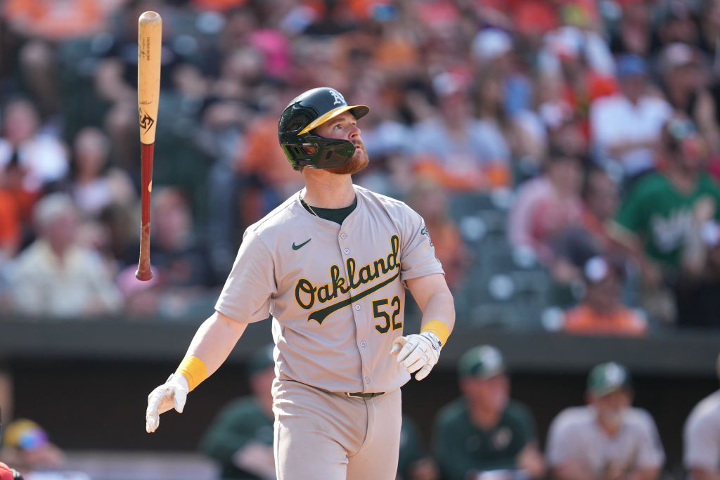 BALTIMORE, MD - APRIL 28: Kyle McCann #52 of the Oakland Athletics hits a two run home run in the n...