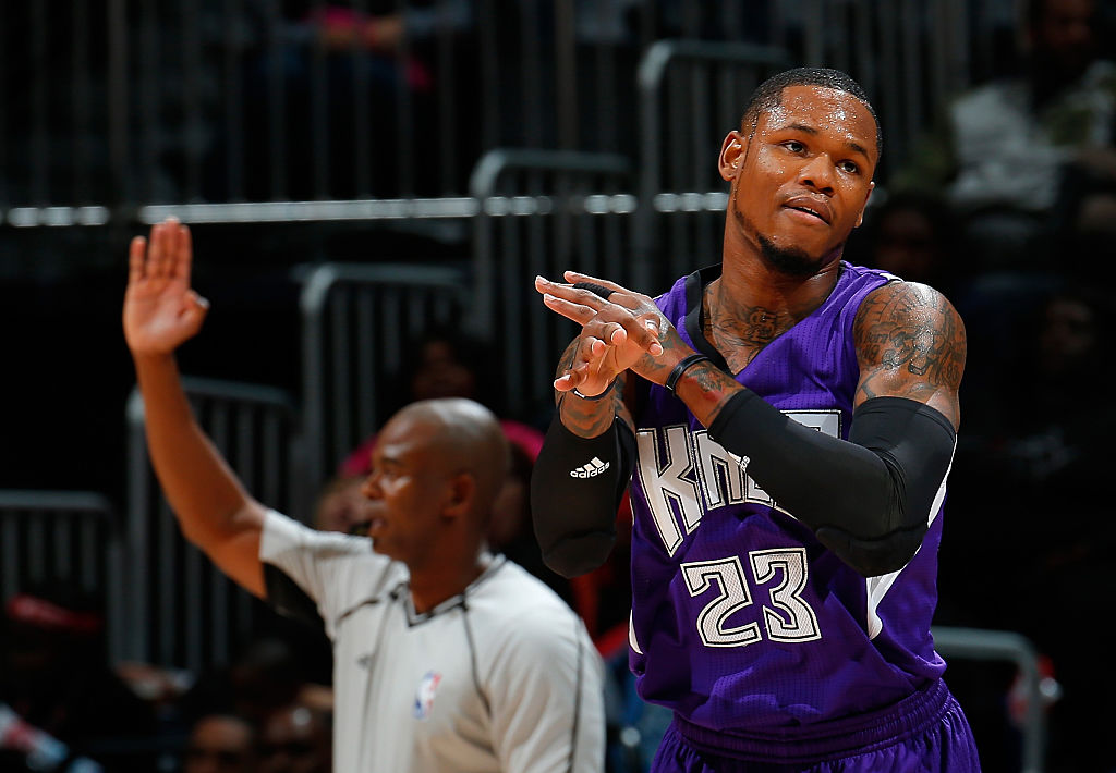 Ben McLemore #23 of the Sacramento Kings reacts after hitting a basket against the Atlanta Hawks at...