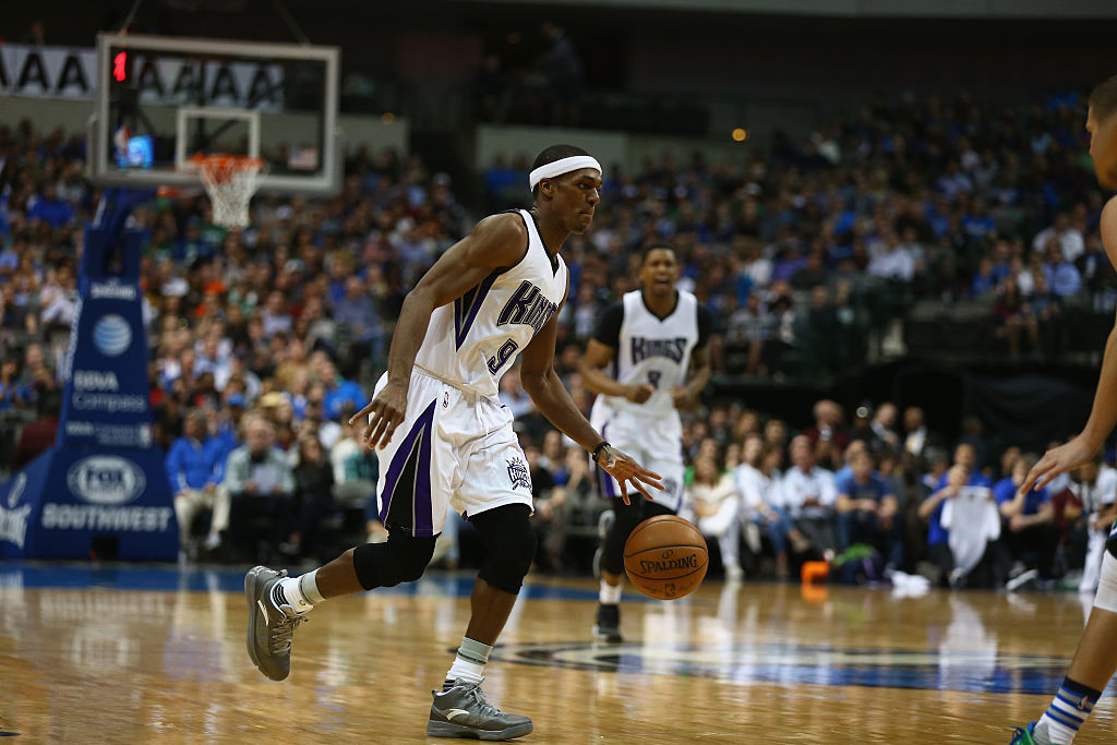 Rajon Rondo #9 of the Sacramento Kings during the first half at American Airlines Center on March 3...