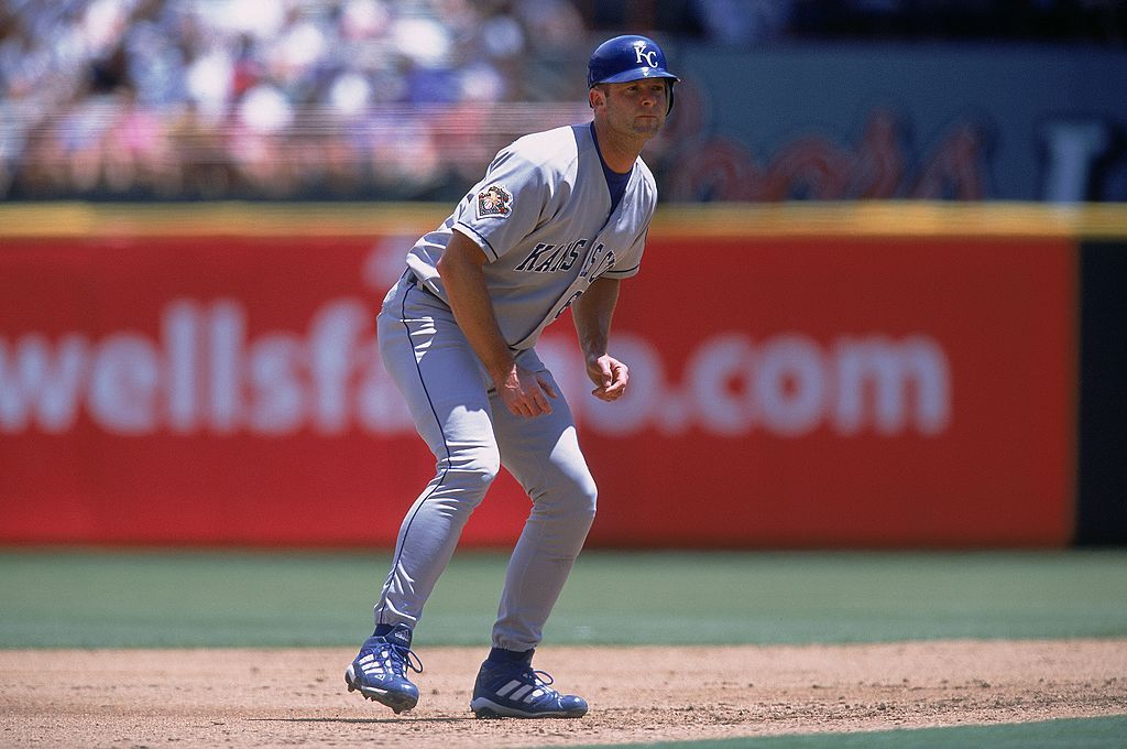 Dave McCarty #6 of the Kansas City Royals leads off the base during the game against the Texas Rang...