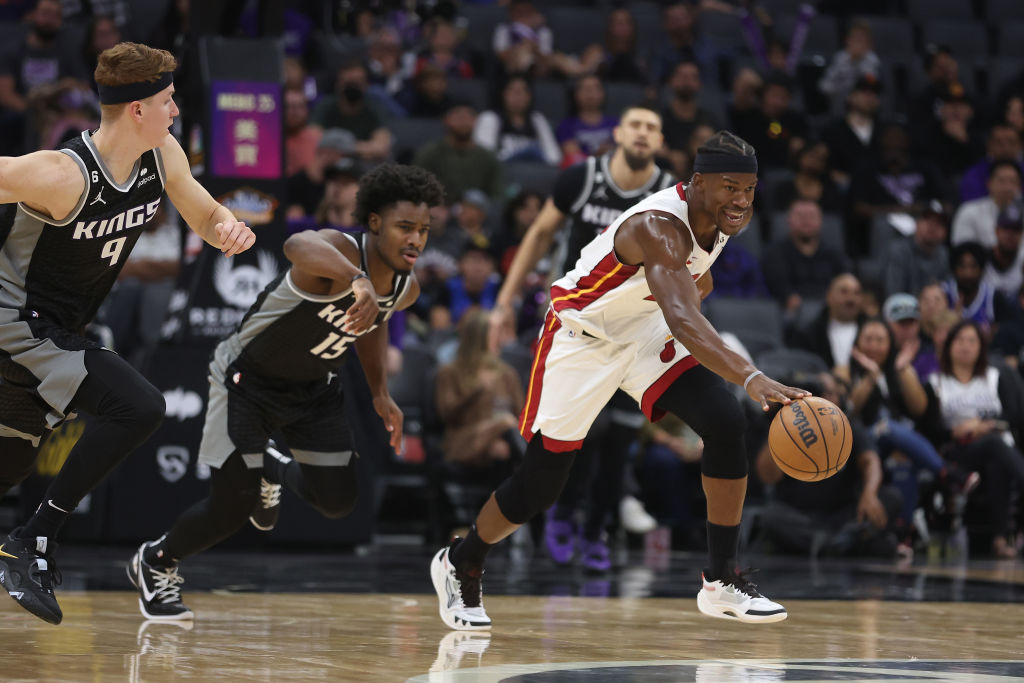 Jimmy Butler #22 of the Miami Heat drives to the basket in the third quarter against the Sacramento...