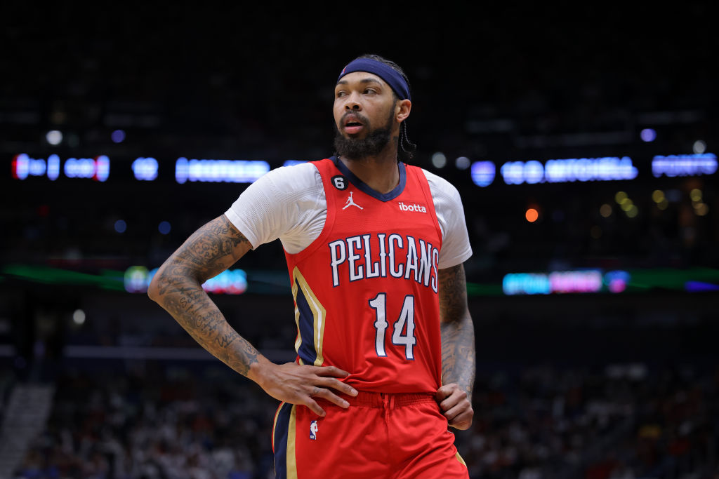 NEW ORLEANS, LOUISIANA - APRIL 04: Brandon Ingram #14 of the New Orleans Pelicans reacts against th...