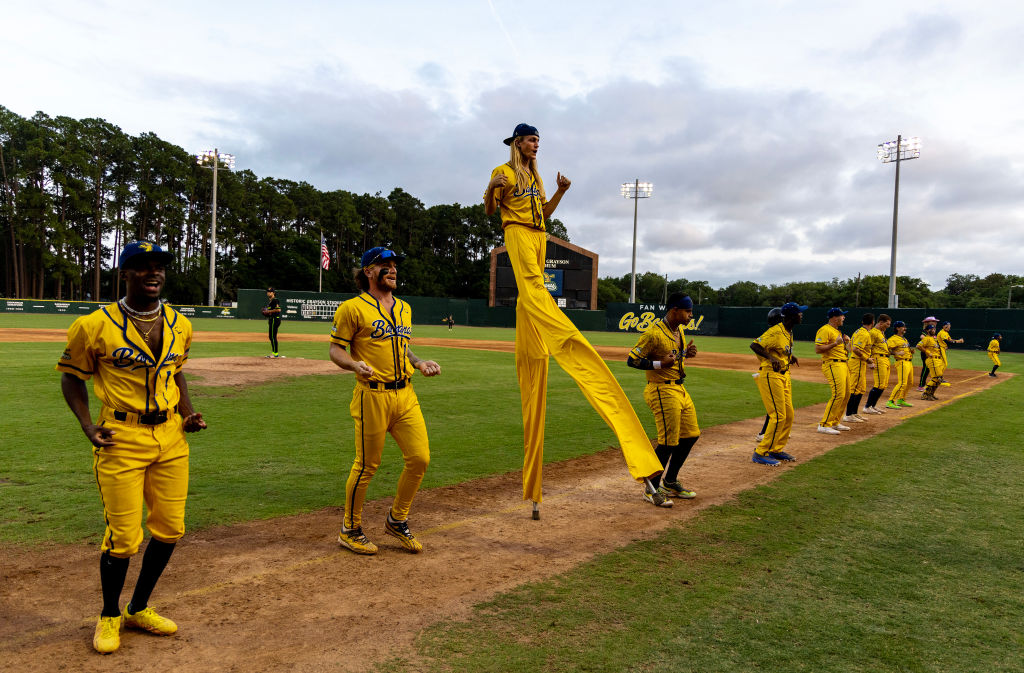 SAVANNAH, GEORGIA - MAY 11: The Savannah Bananas perform a dance routine during their game against ...