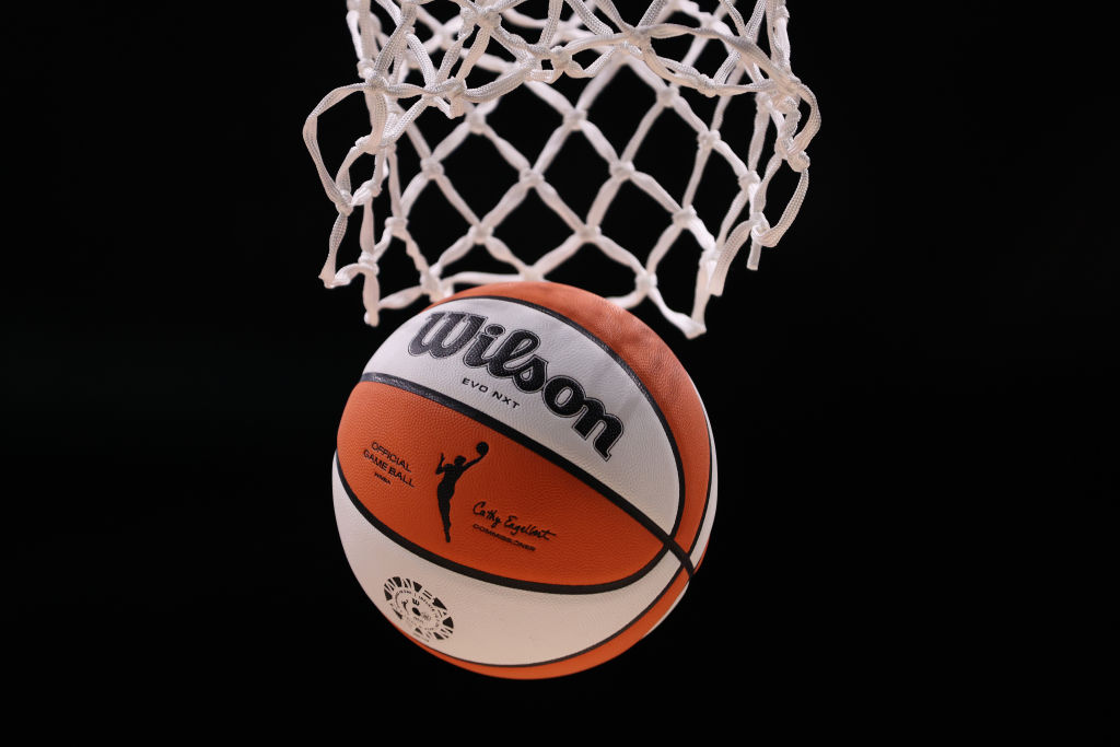 SEATTLE, A detail of the WNBA logo is seen on a basketball during warmups between the Seattle Storm...