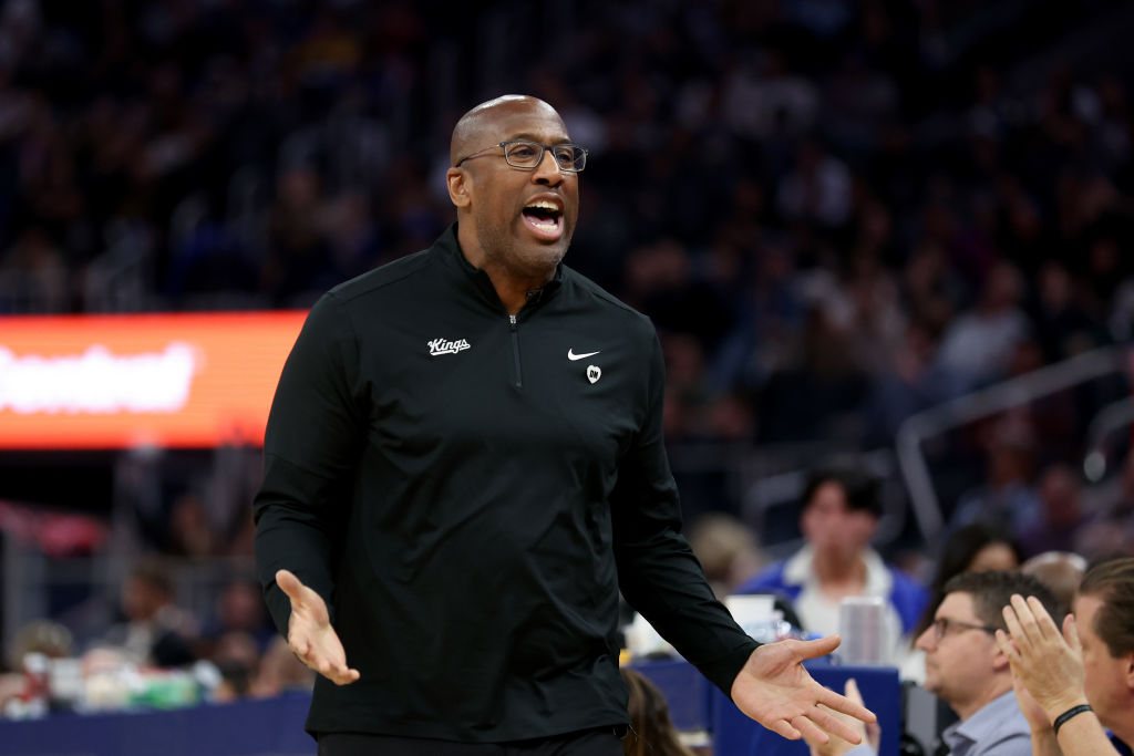 SAN FRANCISCO, CALIFORNIA - JANUARY 25: Sacramento Kings head coach Mike Brown reacts during their ...