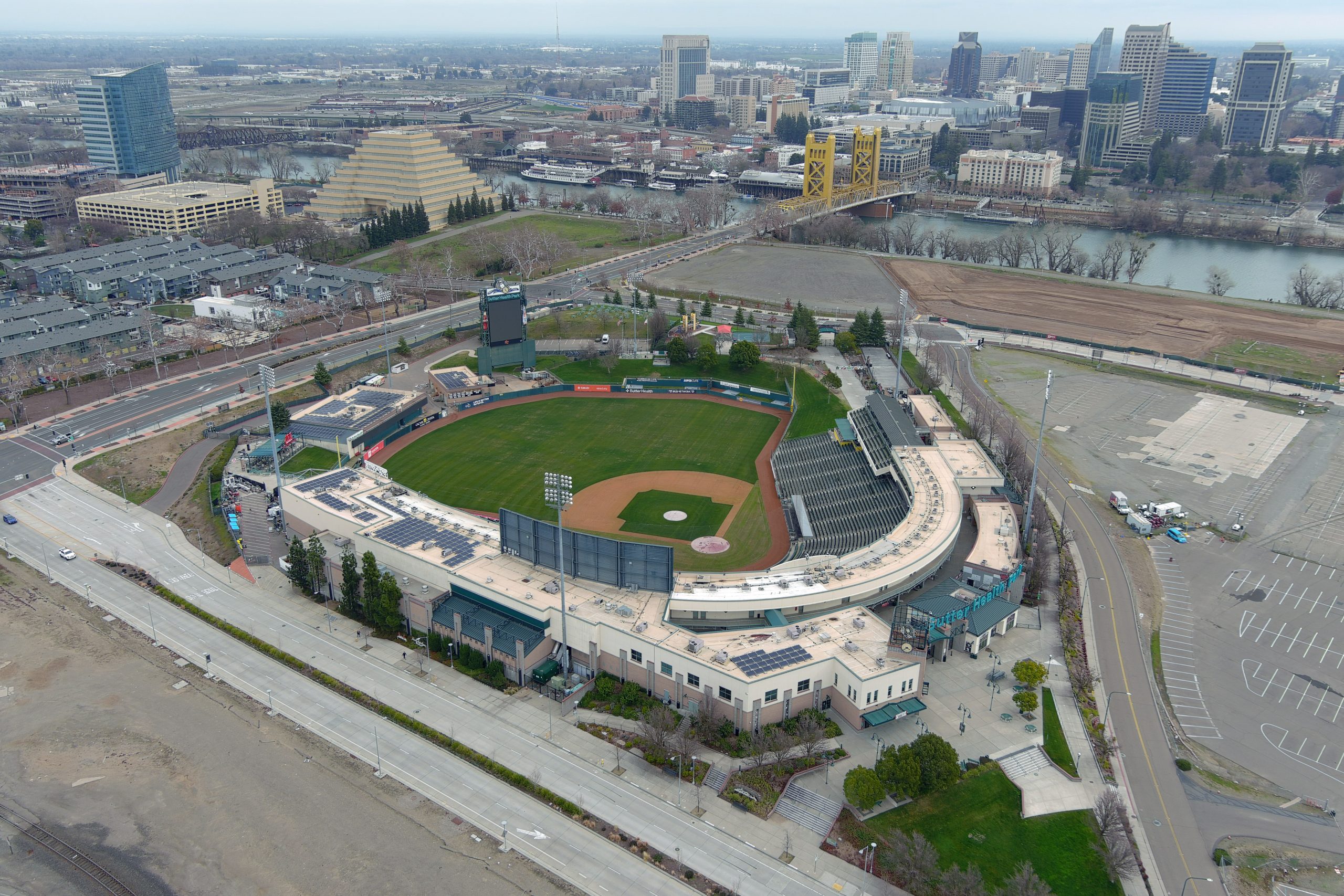 An aerial view of Sutter Health Park on January 24, 2021 in West Sacramento, Calif. The stadium is ...