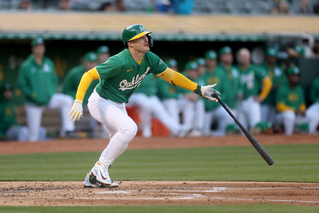 OAKLAND, CALIFORNIA - APRIL 30: Tyler Nevin #26 of the Oakland Athletics hits a single that scored ...
