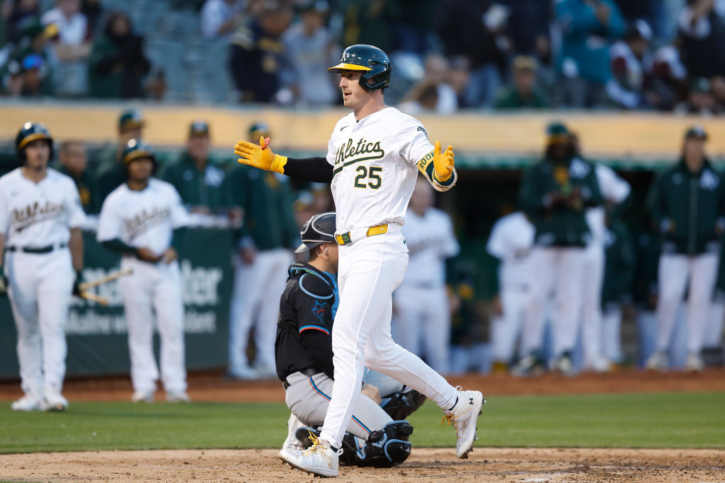 OAKLAND, CALIFORNIA - MAY 03: Brent Rooker #25 of the Oakland Athletics celebrates after hitting a ...