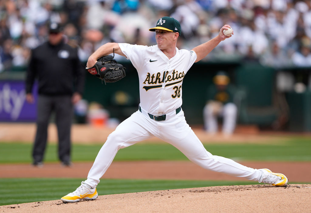 JP Sears #38 of the Oakland Athletics pitches against the Houston Astros in the top of the first in...