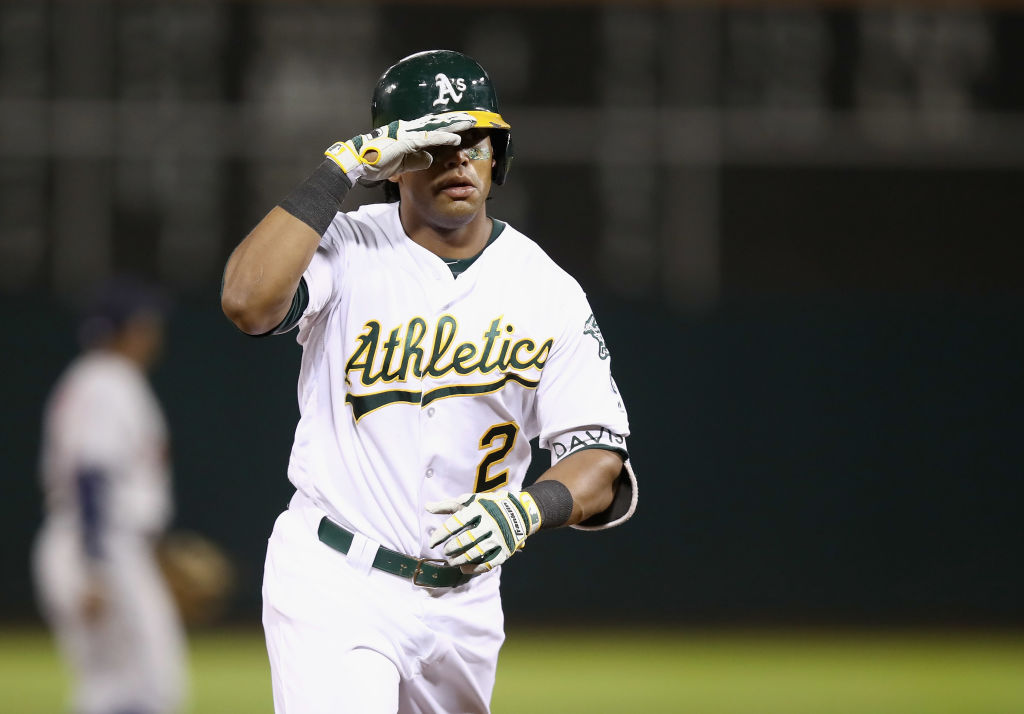 OAKLAND, CA - JUNE 13: Khris Davis #2 of the Oakland Athletics salutes the dugout as he rounds the ...