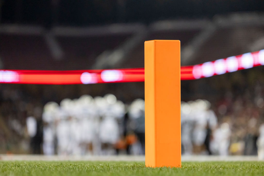 PALO ALTO, CA - SEPTEMBER 16: A view of an endzone pylon on the field at Stanford Stadium during an...