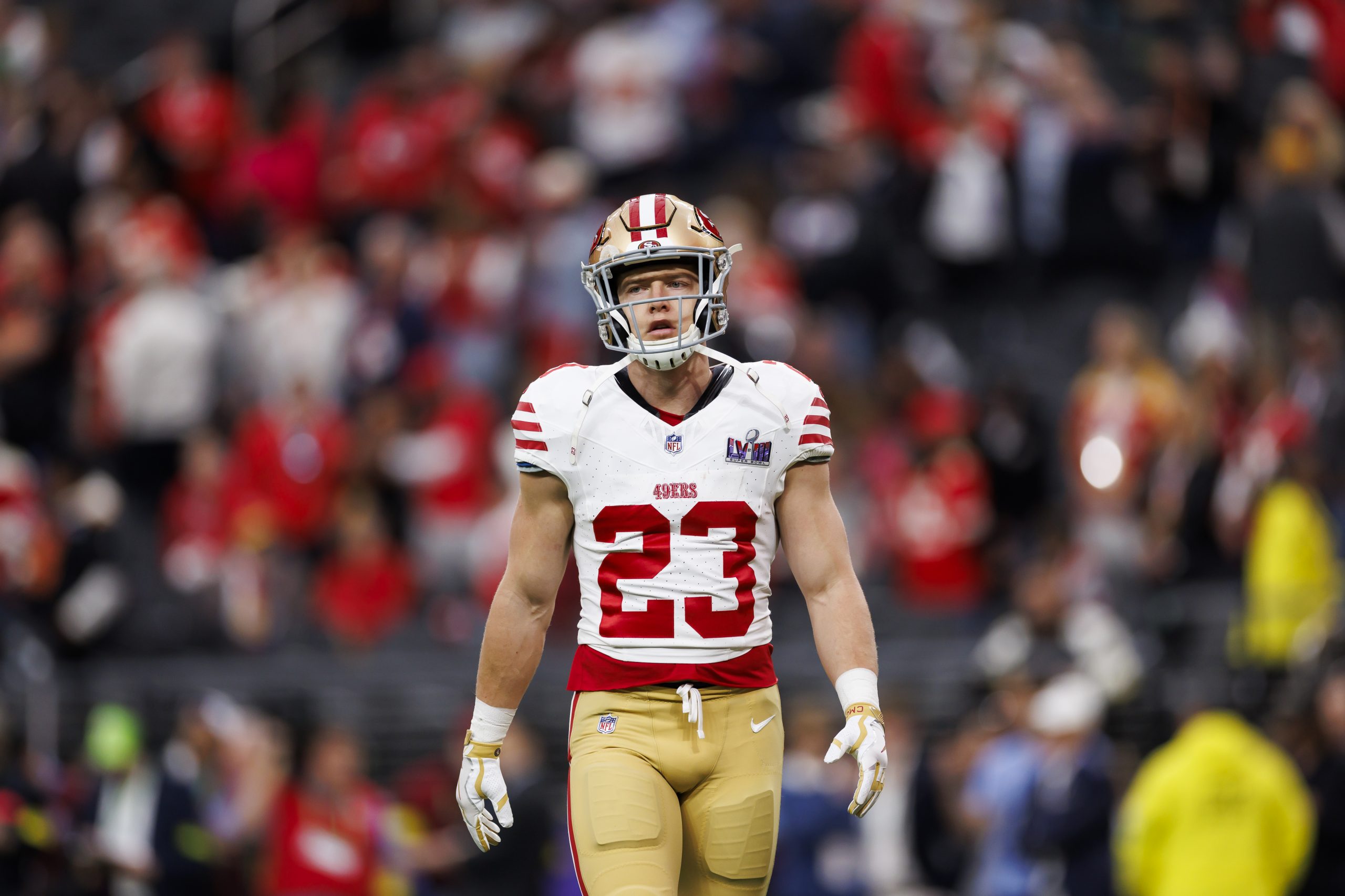 Christian McCaffrey #23 of the San Francisco 49ers looks on during pregame warmups before Super Bow...