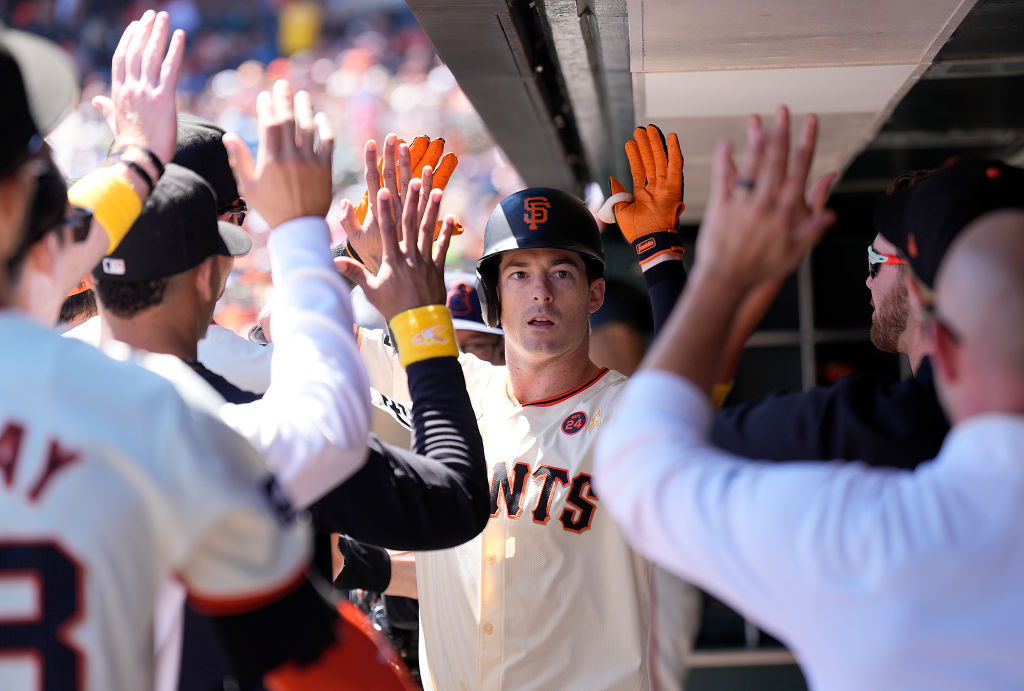 SAN FRANCISCO, CALIFORNIA - SEPTEMBER 01: Mike Yastrzemski #5 of the San Francisco Giants is congra...