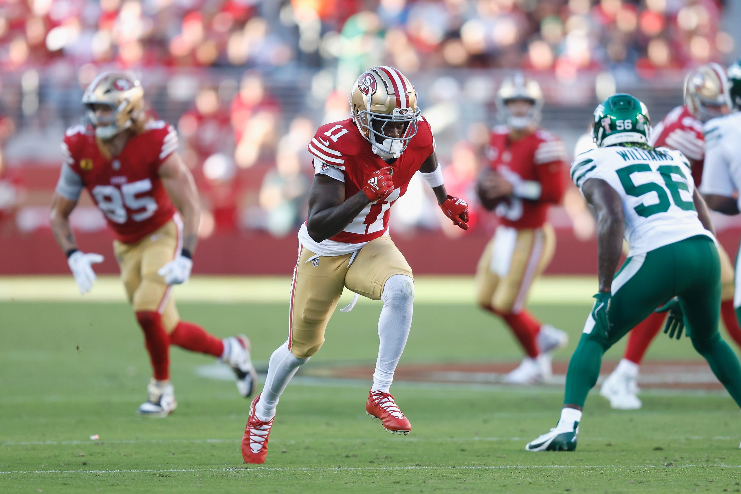 Brandon Aiyuk #11 of the San Francisco 49ers runs a route against the New York Jets at Levi's Stadi...