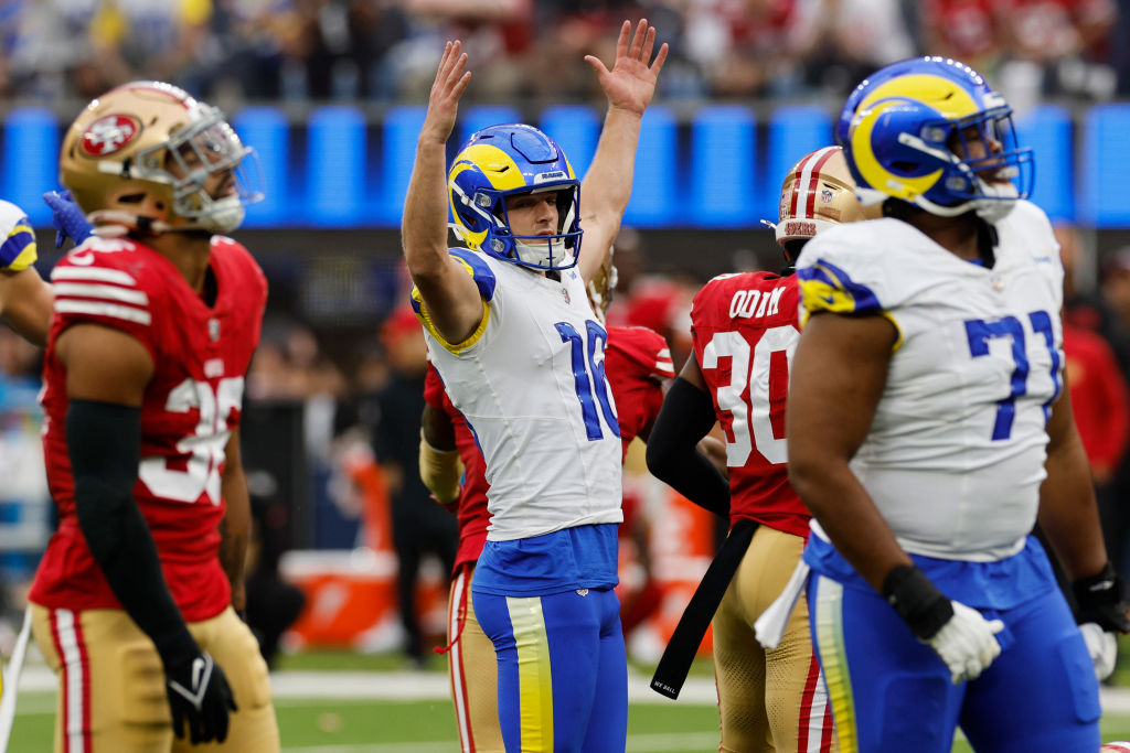 INGLEWOOD, CALIFORNIA - SEPTEMBER 22: Kicker Joshua Karty #16 of the Los Angeles Rams celebrates a ...