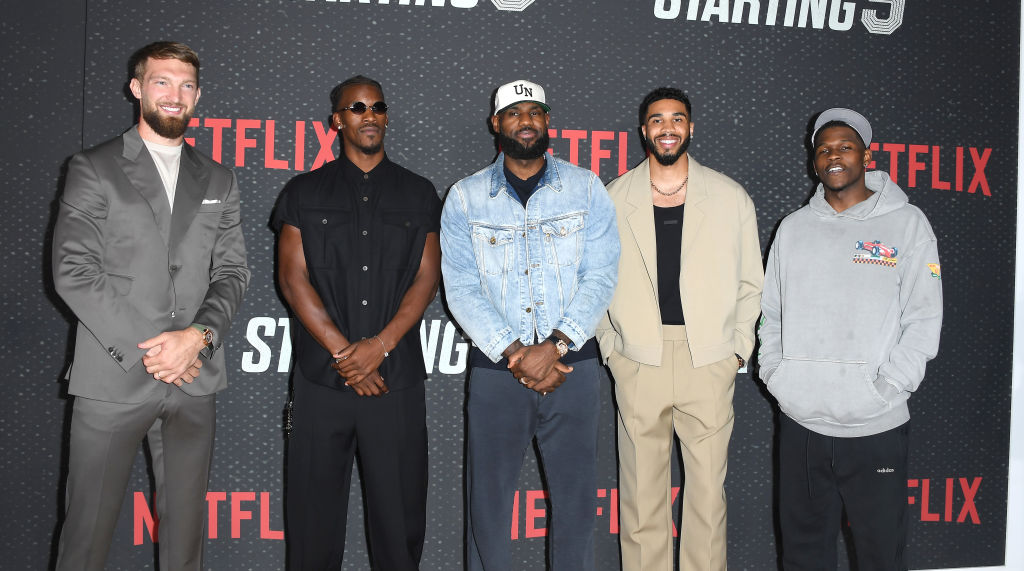 LOS ANGELES, CALIFORNIA - SEPTEMBER 23: Domantas Sabonis, Jimmy Butler, LeBron James, Jayson Tatum ...