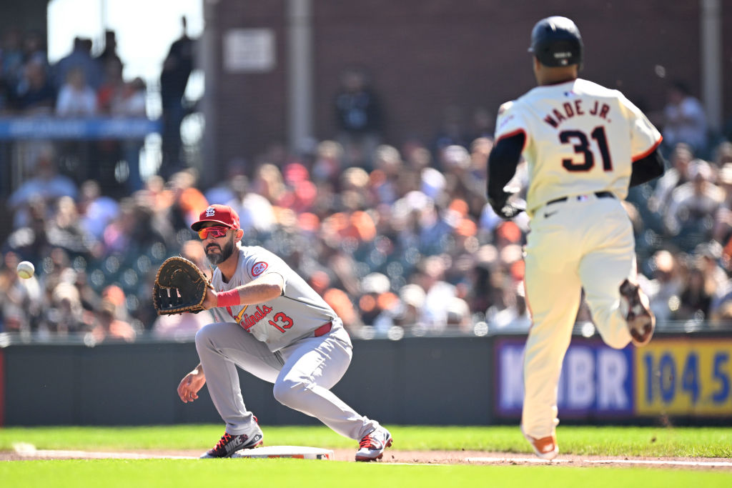 SAN FRANCISCO, CALIFORNIA - SEPTEMBER 29: Matt Carpenter #13 of the St. Louis Cardinals catches the...