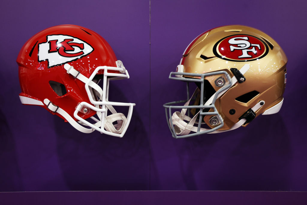 LAS VEGAS, NEVADA - FEBRUARY 06: A general view of the helmets of the Kansas City Chiefs and the Sa...