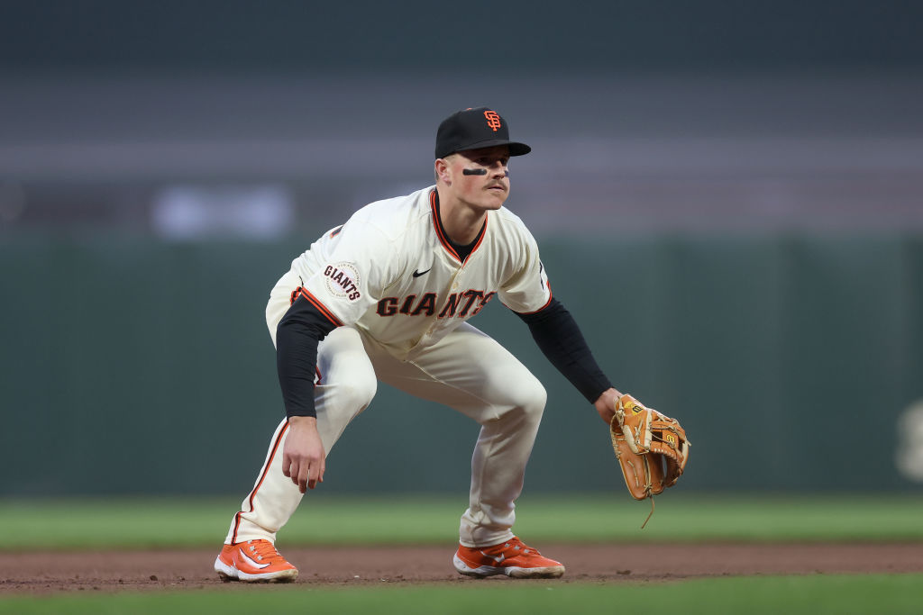 SAN FRANCISCO, CALIFORNIA - MAY 15: Matt Chapman #26 of the San Francisco Giants plays third base a...