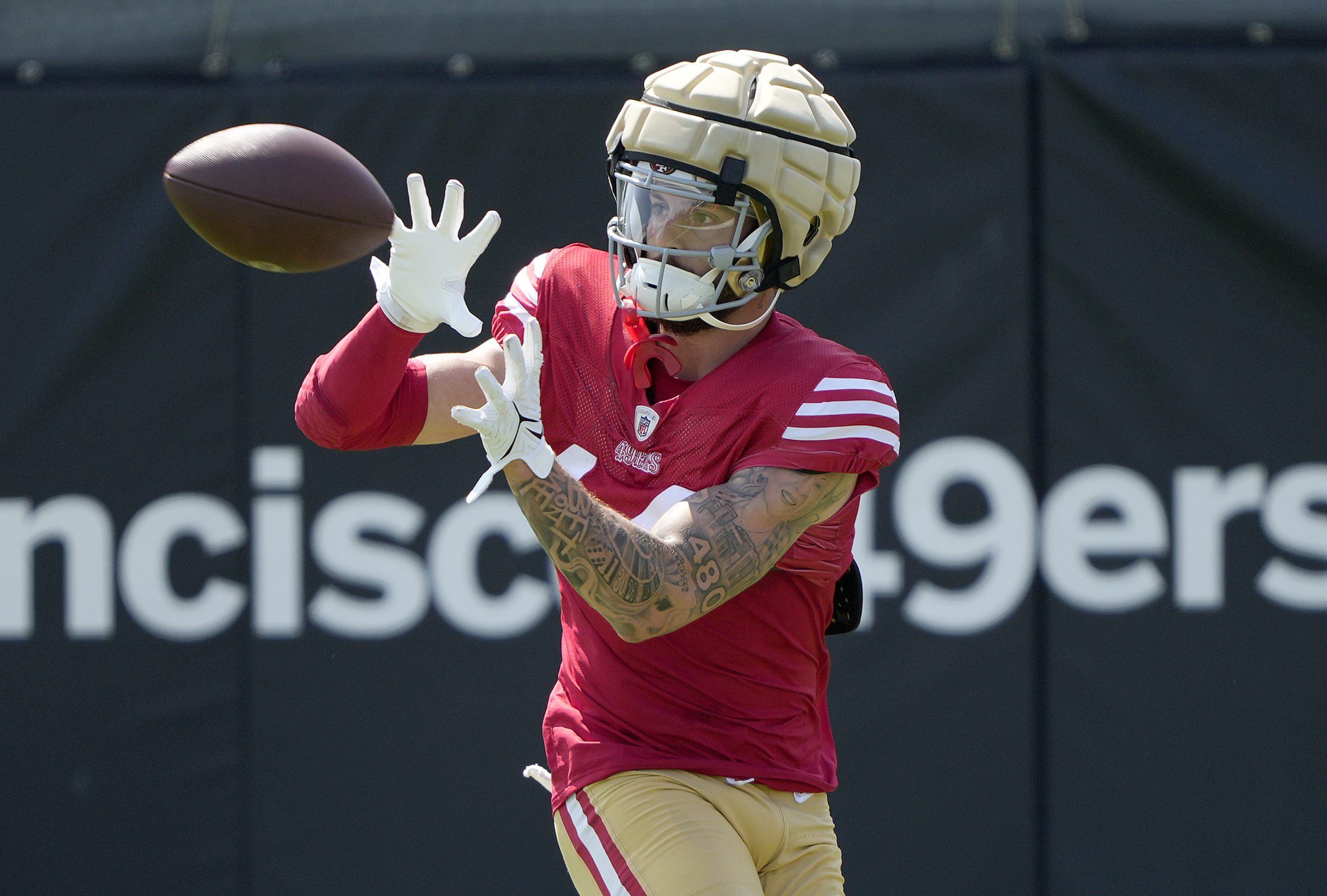 Ricky Pearsall #14 of the San Francisco 49ers works out during training camp at SAP Performance Fac...