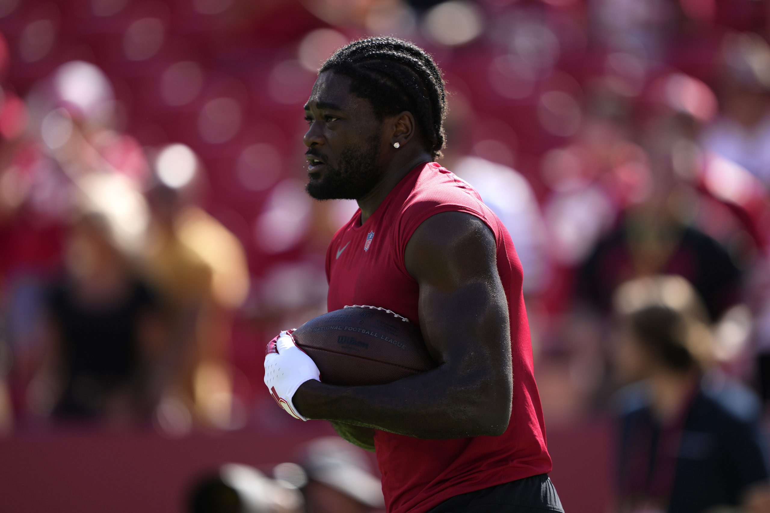 Brandon Aiyuk #11 of the San Francisco 49ers warms up prior to a game against the Arizona Cardinals...