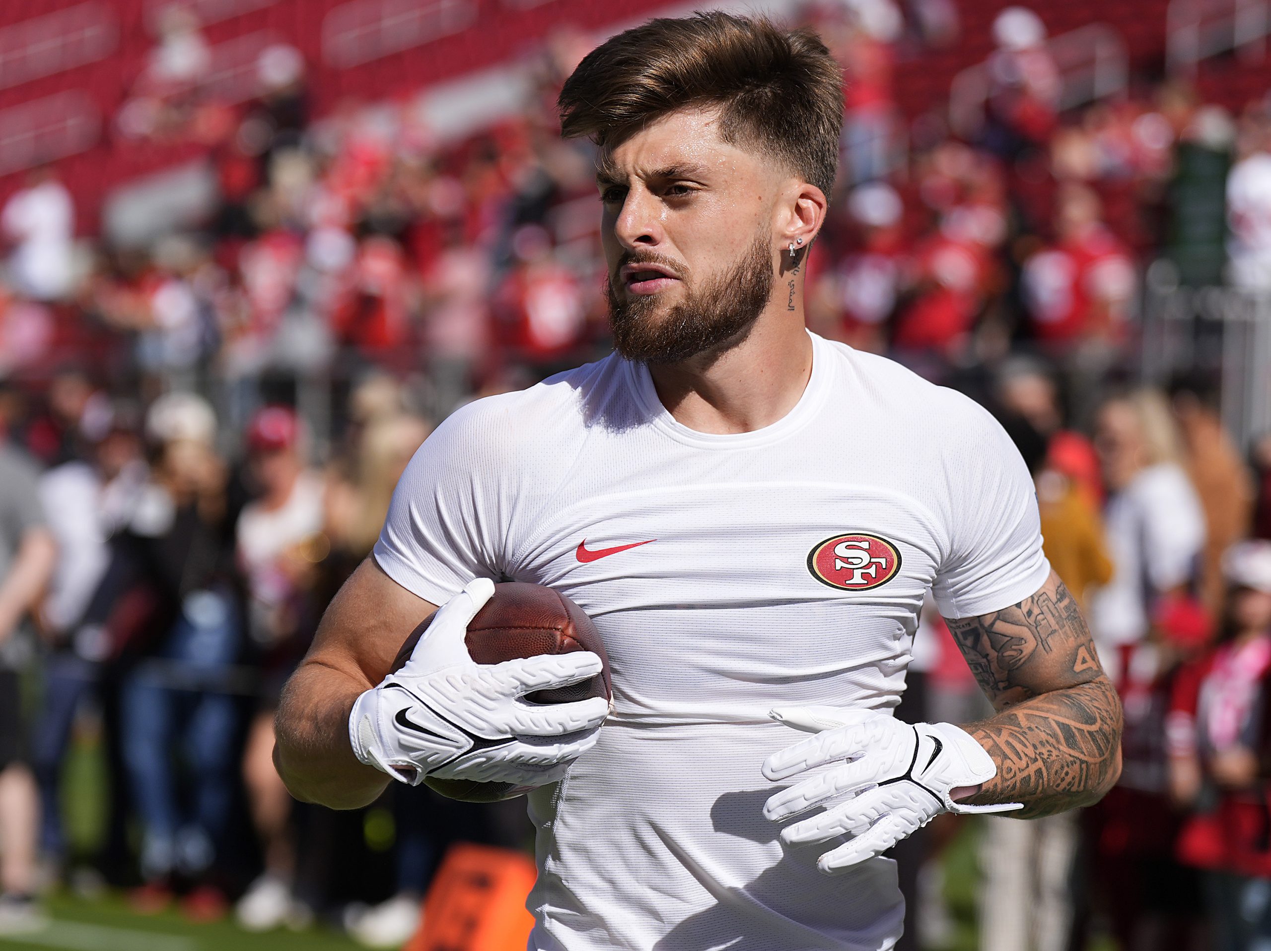 Ricky Pearsall #14 of the San Francisco 49ers warms up prior to a game against the Kansas City Chie...