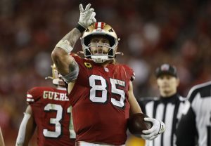 George Kittle #85 of the San Francisco 49ers reacts after a first down during the third quarter against the Dallas Cowboys at Levi's Stadium on October 27, 2024 in Santa Clara, California.