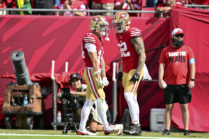Ricky Pearsall #14 of the San Francisco 49ers celebrates with teammates after scoring a touchdown during the first quarter against the Tampa Bay Buccaneers at Raymond James Stadium on November 10, 2024 in Tampa, Florida.