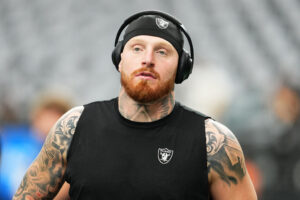 LAS VEGAS, NEVADA - OCTOBER 13: Maxx Crosby #98 of the Las Vegas Raiders warms-up prior to a game against the Pittsburgh Steelers at Allegiant Stadium on October 13, 2024 in Las Vegas, Nevada. (Photo by Chris Unger/Getty Images)