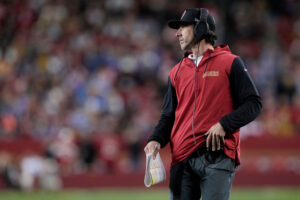 SANTA CLARA, CALIFORNIA - DECEMBER 30: Head coach Kyle Shanahan of the San Francisco 49ers looks on during the second quarter against the Detroit Lions at Levi's Stadium on December 30, 2024 in Santa Clara, California. (Photo by Thearon W. Henderson/Getty Images)