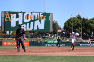SACRAMENTO, CALIFORNIA - AUGUST 17: Shea Langeliers #23 of the Athletics jogs around the bases after hitting a solo home run during the bottom of the third inning against the Los Angeles Angels at Sutter Health Park on August 17, 2025 in Sacramento, California. (Photo by Scott Marshall/Getty Images) MLB Expansion