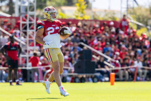 SANTA CLARA, CA - AUGUST 05: San Francisco 49ers running back Christian McCaffrey (23) looks on with a ball during San Francisco 49ers Training Camp on August 5, 2025 at the SAP Performance Facility in Santa Clara, CA. (Photo by Matthew Huang/Icon Sportswire via Getty Images)