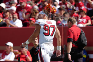 SANTA CLARA, CALIFORNIA - SEPTEMBER 21: Nick Bosa #97 of the San Francisco 49ers walks to the locker room during the second quarter against the Arizona Cardinals at Levi's Stadium on September 21, 2025 in Santa Clara, California. (Photo by Kavin Mistry/Getty Images)