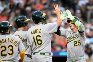 BALTIMORE, MARYLAND - AUGUST 09: Brent Rooker #25 of the Athletics celebrates with Shea Langeliers #23, Tyler Soderstrom #21 and Nick Kurtz #16 after hitting a three-run home run in the third inning against the Baltimore Orioles at Oriole Park at Camden Yards on August 09, 2025 in Baltimore, Maryland. (Photo by Greg Fiume/Getty Images) Silver Slugger