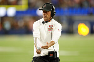 INGLEWOOD, CALIFORNIA - OCTOBER 02: Head coach Kyle Shanahan of the San Francisco 49ers calls a timeout during overtime against the Los Angeles Rams at SoFi Stadium on October 02, 2025 in Inglewood, California. (Photo by Ronald Martinez/Getty Images)