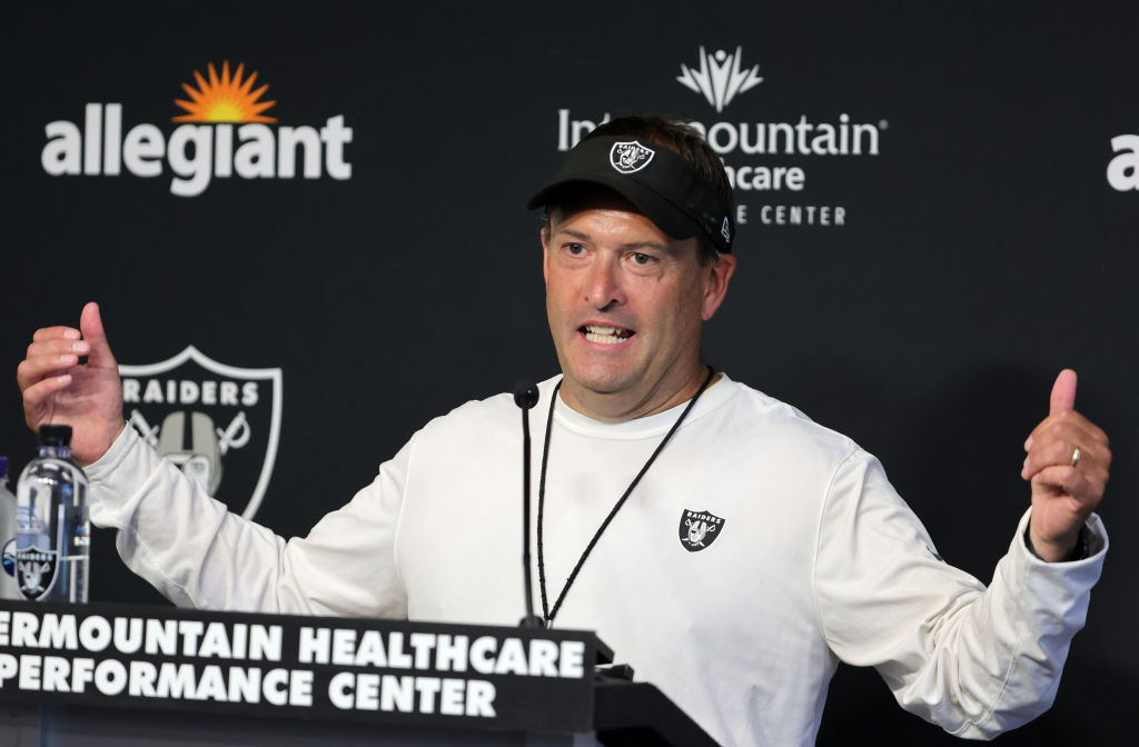 HENDERSON, NEVADA - JULY 27: Special teams coordinator Tom McMahon of the Las Vegas Raiders speaks ...