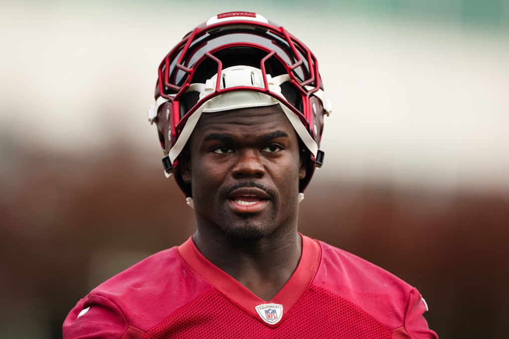 ASHBURN, VA - JULY 25: Jamin Davis #52 of the Washington Commanders looks on during training camp a...
