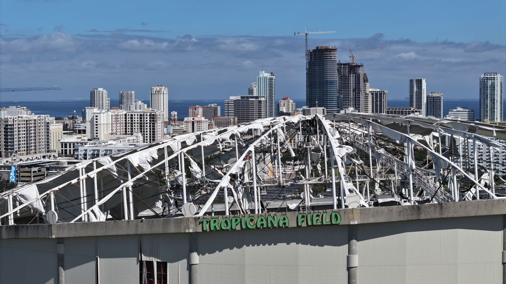 ST PETERSBURG - OCTOBER 10: In this aerial view, the roof of Tropicana Field is seen in tatters aft...