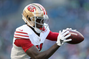 SEATTLE, WASHINGTON - OCTOBER 10: Brandon Aiyuk #11 of the San Francisco 49ers warms up before the game against the Seattle Seahawks at Lumen Field on October 10, 2024 in Seattle, Washington. (Photo by Steph Chambers/Getty Images)