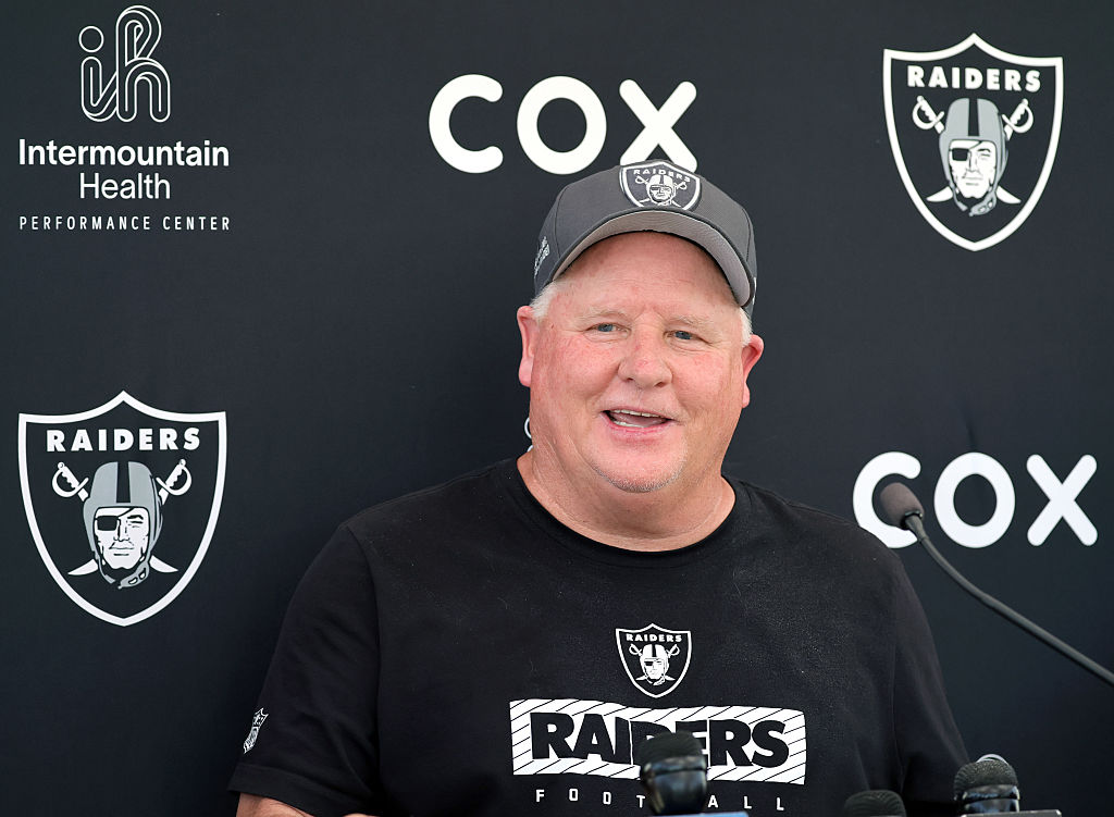 HENDERSON, NEVADA - MAY 29: Offensive coordinator Chip Kelly of the Las Vegas Raiders attends a new...